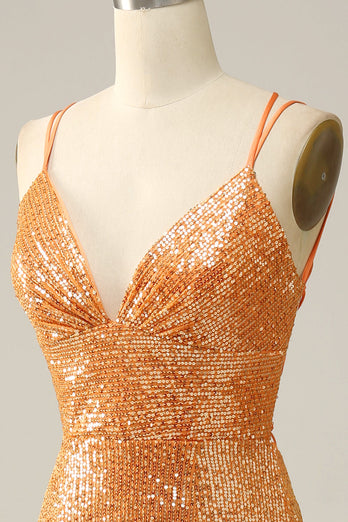Oransje paljett ryggløs havfrue Prom kjole