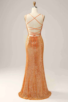 Oransje paljett ryggløs havfrue Prom kjole