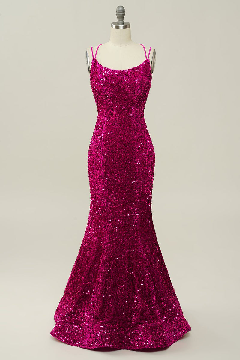 Load image into Gallery viewer, Hot Pink Paljett Spaghetti Stropper Havfrue Prom Kjole med Lace-up Back