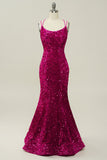 Hot Pink Paljett Spaghetti Stropper Havfrue Prom Kjole med Lace-up Back