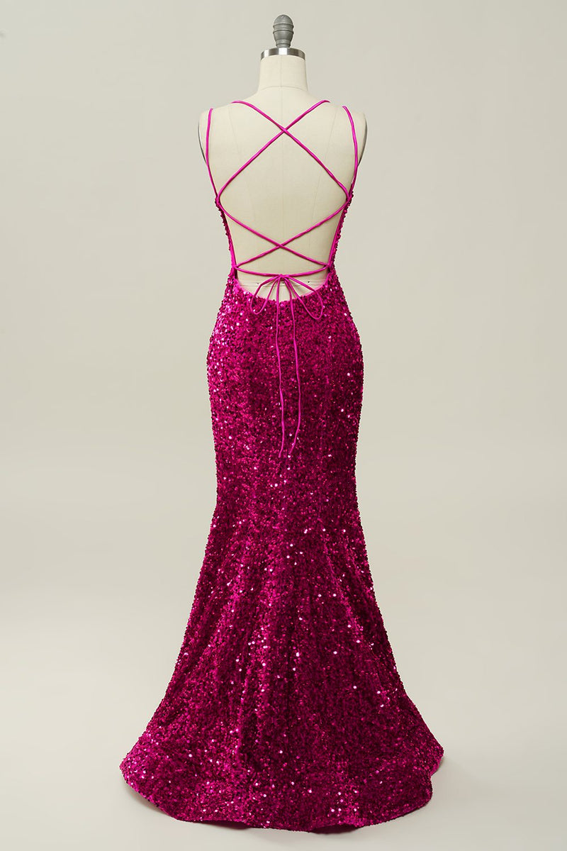 Load image into Gallery viewer, Hot Pink Paljett Spaghetti Stropper Havfrue Prom Kjole med Lace-up Back