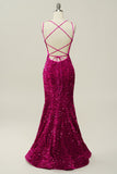 Hot Pink Paljett Spaghetti Stropper Havfrue Prom Kjole med Lace-up Back