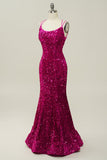 Hot Pink Paljett Spaghetti Stropper Havfrue Prom Kjole med Lace-up Back