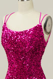 Hot Pink Paljett Spaghetti Stropper Havfrue Prom Kjole med Lace-up Back