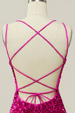 Hot Pink Paljett Spaghetti Stropper Havfrue Prom Kjole med Lace-up Back