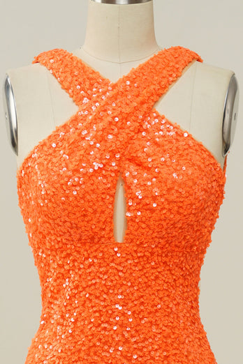 Orange Halter paljett Backless Mermaid Prom kjole