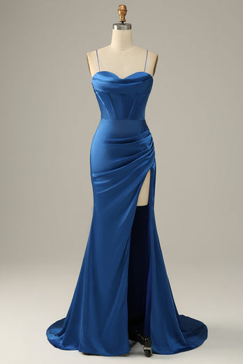 Lange spaghetti stropper Royal Blue Mermaid Prom kjole