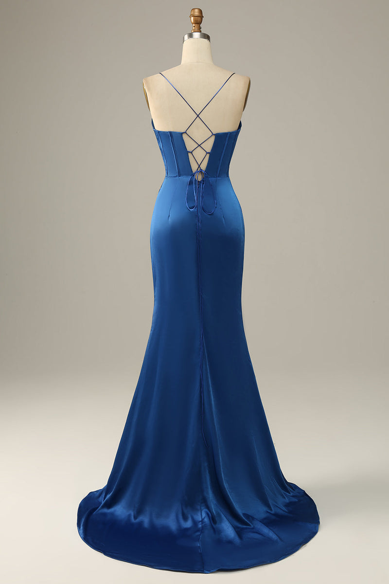 Load image into Gallery viewer, Lange spaghetti stropper Royal Blue Mermaid Prom kjole