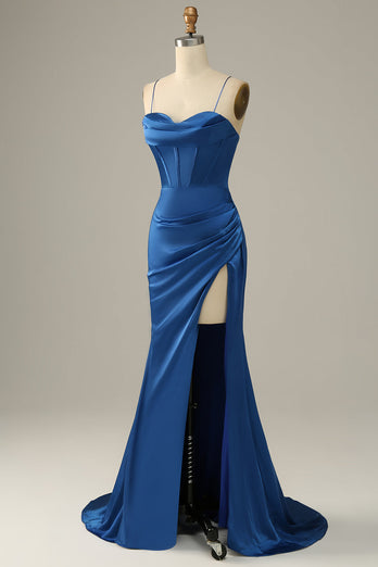 Royal Blue Spaghetti Stropper Havfrue Prom kjole