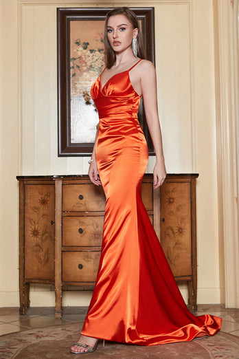 Havfrue spaghetti stropper Orange Long Prom kjole med ryggløs