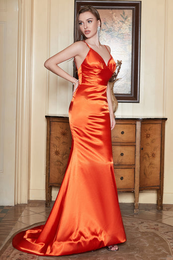 Havfrue spaghetti stropper Orange Long Prom kjole med ryggløs