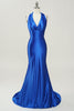Load image into Gallery viewer, Royal Blue Halter Blonder Up Backless Prom kjole