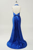 Load image into Gallery viewer, Royal Blue Halter Blonder Up Backless Prom kjole