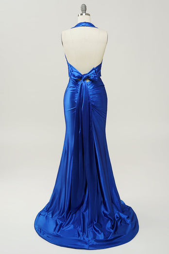 Royal Blue Halter Blonder Up Backless Prom kjole