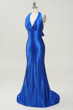 Royal Blue Halter Blonder Up Backless Prom kjole