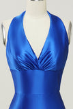 Royal Blue Halter Blonder Up Backless Prom kjole