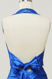 Royal Blue Halter Blonder Up Backless Prom kjole