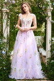 A-line Lilac Broderi Korsett Long Prom Dress