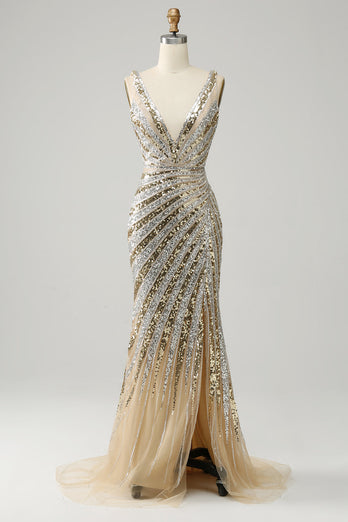 Havfrue Deep V Neck Golden Long Prom kjole med Silt