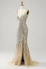 Load image into Gallery viewer, Havfrue Deep V Neck Golden Long Prom kjole med Silt