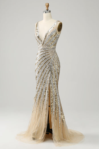Havfrue Deep V Neck Golden Long Prom kjole med Silt
