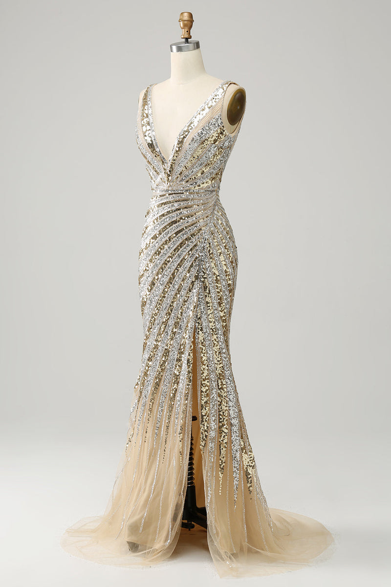 Load image into Gallery viewer, Havfrue Deep V Neck Golden Long Prom kjole med Silt