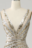 Havfrue Deep V Neck Golden Long Prom kjole med Silt