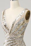 Havfrue Deep V Neck Golden Long Prom kjole med Silt