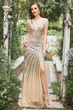 Havfrue Deep V Neck Golden Beading Long Prom kjole med Split Front