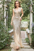 Load image into Gallery viewer, Havfrue Deep V Neck Golden Beading Long Prom kjole med Split Front