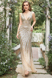 Havfrue Deep V Neck Golden Beading Long Prom kjole med Split Front
