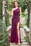 Havfrue En skulder Dark Purple Beaded Long Prom Kjole med Slit