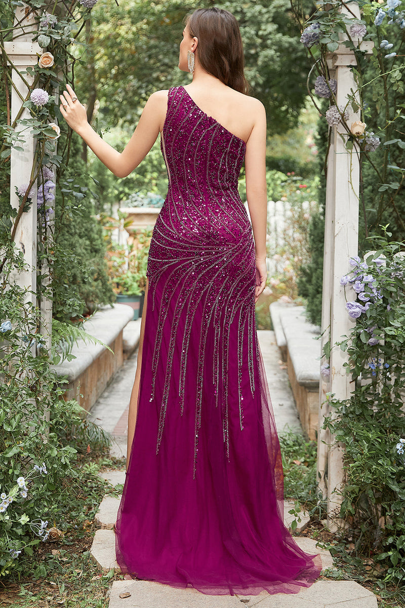 Load image into Gallery viewer, Havfrue En skulder Dark Purple Beaded Long Prom Kjole med Slit