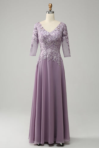 Grey Purple Chiffon Mor til bruden kjole med blonder