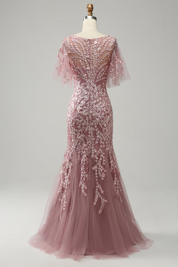 Grey Pink Mermaid Tulle Mor til bruden kjole med blonder
