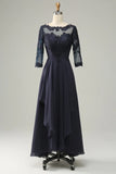 Asymmetrisk Navy Mother of Bride kjole med lange ermer