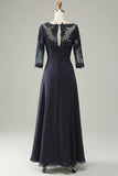 Asymmetrisk Navy Mother of Bride kjole med lange ermer