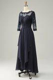 Asymmetrisk Navy Mother of Bride kjole med lange ermer