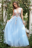 A Line Deep V Neck Light Blue Long Prom kjoler med Appliques
