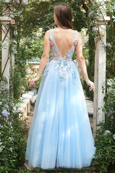 A Line Deep V Neck Light Blue Long Prom kjoler med Appliques