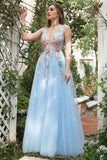 A Line Deep V Neck Light Blue Long Prom kjoler med Appliques