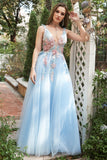A Line Deep V Neck Light Blue Long Prom kjoler med Appliques