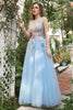 Load image into Gallery viewer, A Line Deep V Neck Light Blue Long Prom kjoler med Appliques