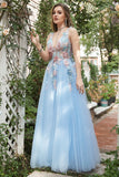 A Line Deep V Neck Light Blue Long Prom kjoler med Appliques