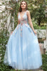 Load image into Gallery viewer, A Line Deep V Neck Light Blue Long Prom kjoler med Appliques