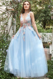 A Line Deep V Neck Light Blue Long Prom kjoler med Appliques
