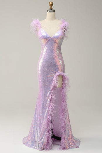 Mermaid Sweetheart Purple Paljetter Long Prom Kjole med fjær