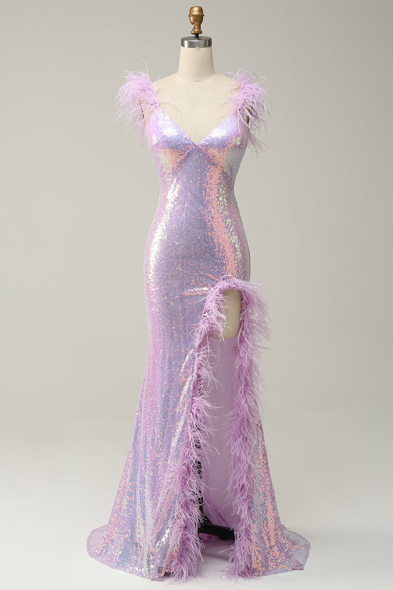 Load image into Gallery viewer, Mermaid Sweetheart Purple Paljetter Long Prom Kjole med fjær