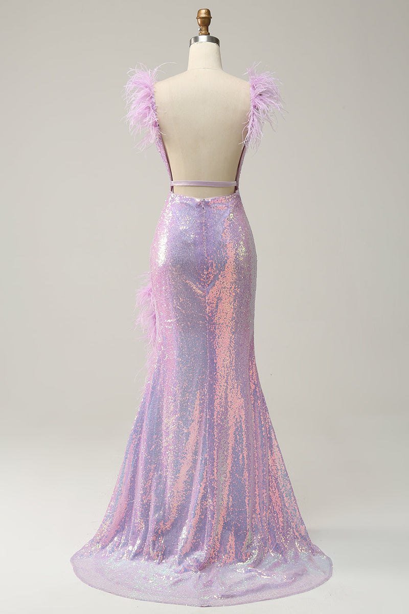 Load image into Gallery viewer, Mermaid Sweetheart Purple Paljetter Long Prom Kjole med fjær