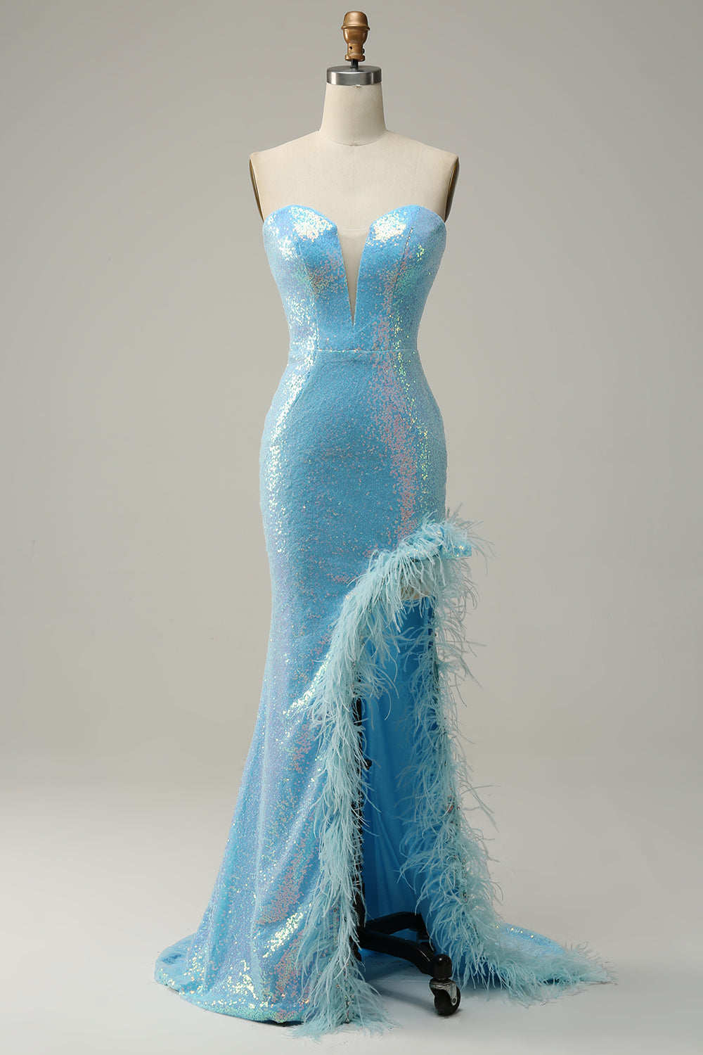 Mermaid Sweetheart lyseblå paljetter Long Prom kjole med fjær